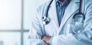 A doctor in a white coat with a stethoscope around their neck, arms folded, illustrating a blog post on the advantages of private healthcare.